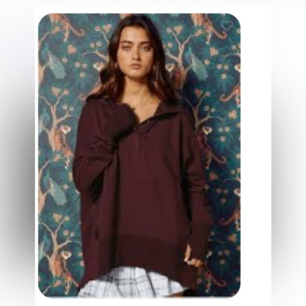 Anthropoligie BUCKETLIST Burgundy Hooded Sweatshirt Thumbholes Oversized Small